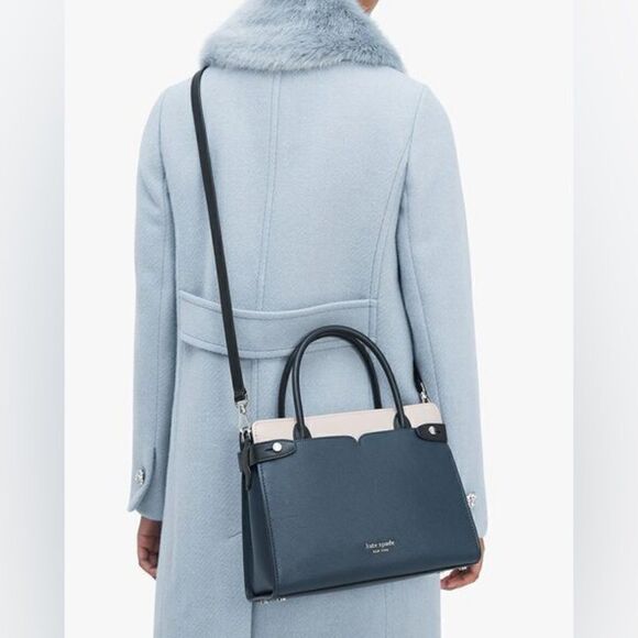 KATE SPADE Classic Medium Leather Satchel Bag Navy blue/blush - Picture 3 of 11